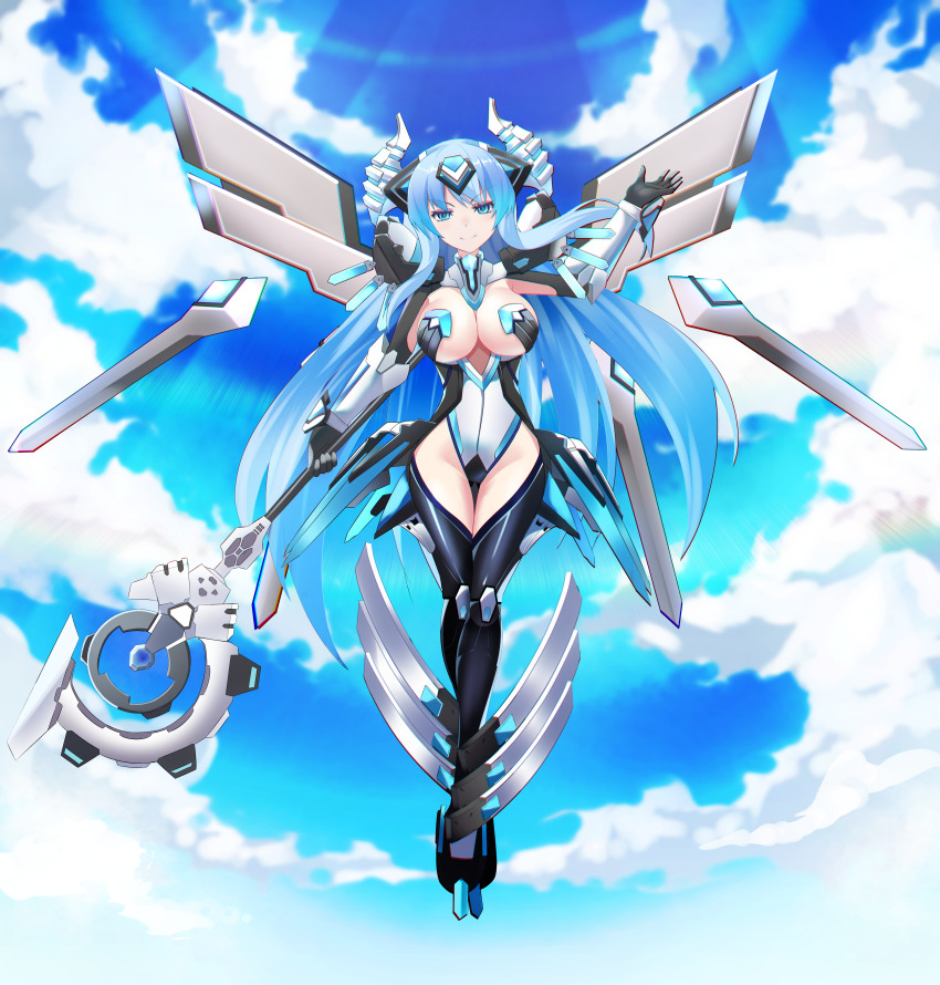 2wsxdr5tgbhu8, absurdres, black_gloves, blue_eyes, blue_hair, blue_sky, boots, breasts, choujigen_game_neptune, cloud, cloudy_sky, commentary_request, evil_smile, flying, gloves, highres, holding, holding_staff, holding_weapon, horns, kami_jigen_game_neptune_v, kiseijou_rei, kiseijou_rei_(goddess_form), large_breasts, leotard, looking_at_viewer, mecha_musume, mechanical_boots, mechanical_horns, mechanical_wings, neptune_(series), sky, smile, staff, thighs, weapon, wings