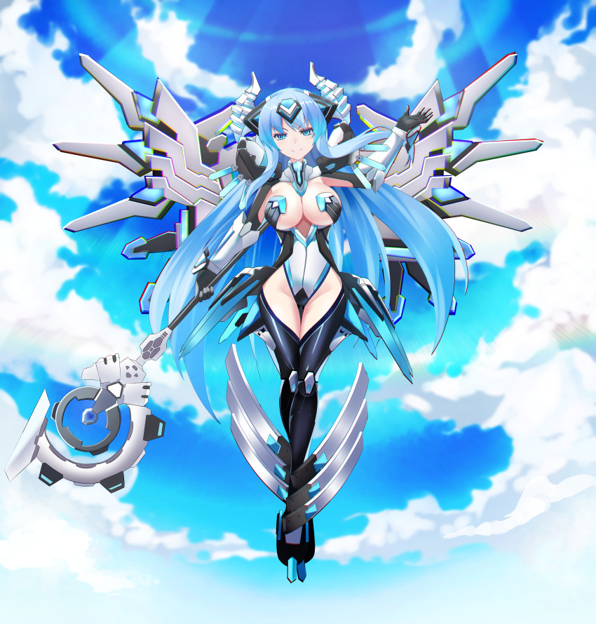 2wsxdr5tgbhu8, absurdres, black_gloves, blue_eyes, blue_hair, blue_sky, boots, breasts, choujigen_game_neptune, cloud, cloudy_sky, commentary_request, evil_smile, flying, gloves, highres, holding, holding_staff, holding_weapon, horns, kami_jigen_game_neptune_v, kiseijou_rei, kiseijou_rei_(goddess_form), large_breasts, leotard, looking_at_viewer, mecha_musume, mechanical_boots, mechanical_horns, mechanical_wings, neptune_(series), sky, smile, staff, thighs, weapon, wings
