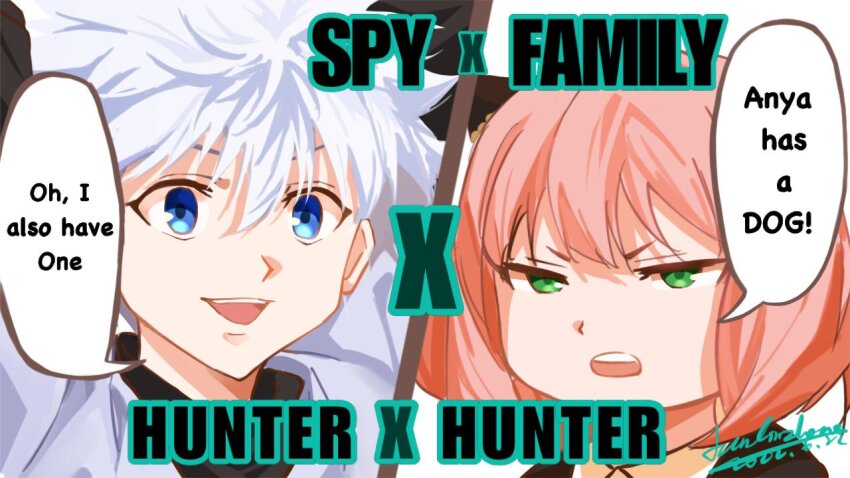 1boy, 1girl, anya_(spy_x_family), arms_up, blue_eyes, crossover, english_text, green_eyes