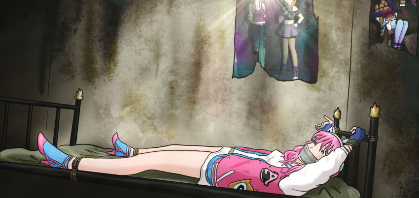abduction, ai_the_somnium_files, bdsm, bed, bondage, bound, bound_ankles, bound_wrists, damsel, damsel_comics, gag, gagged, improvised_gag, kidnapped, outstretched_arms, pink_hair, sagan_iris, spread_arms, spread_legs, tape, tape_gag, tied_up_(nonsexual)