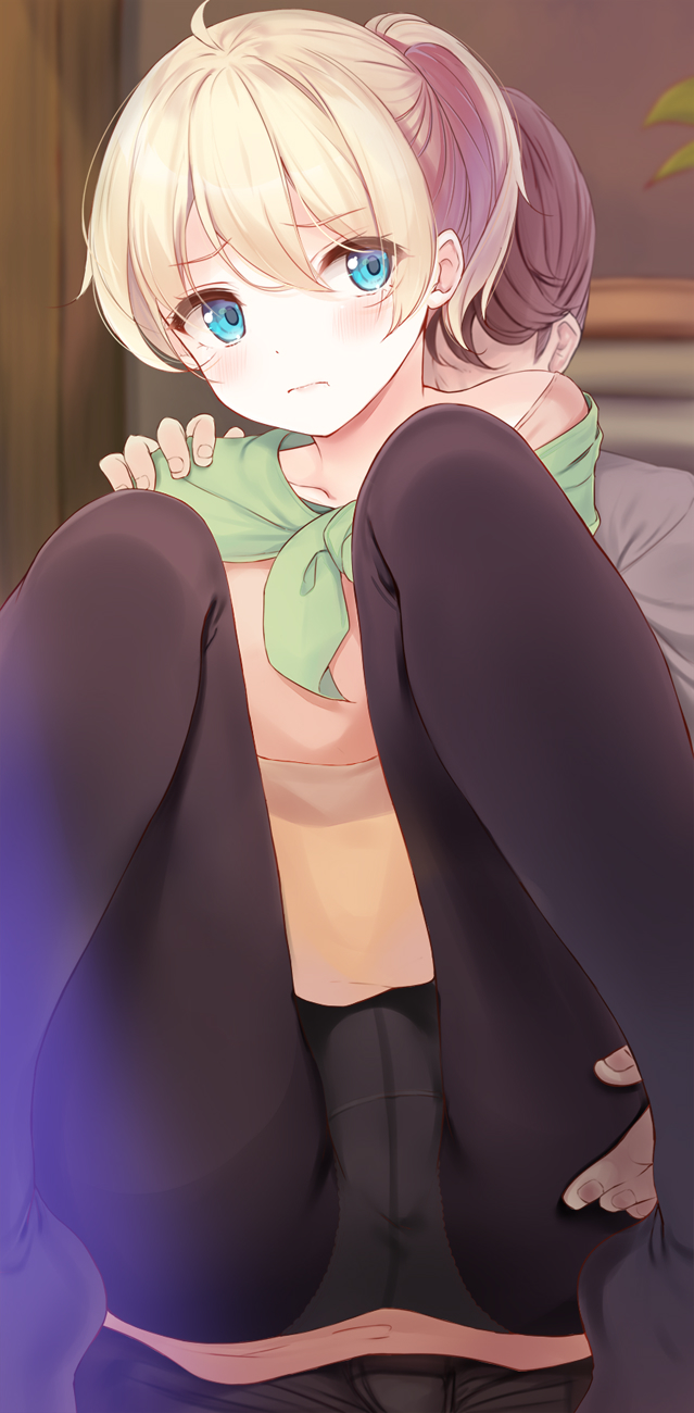 1boy, 1girl, ahoge, black_pantyhose, blonde_hair, blue_eyes, blush, brown_pants