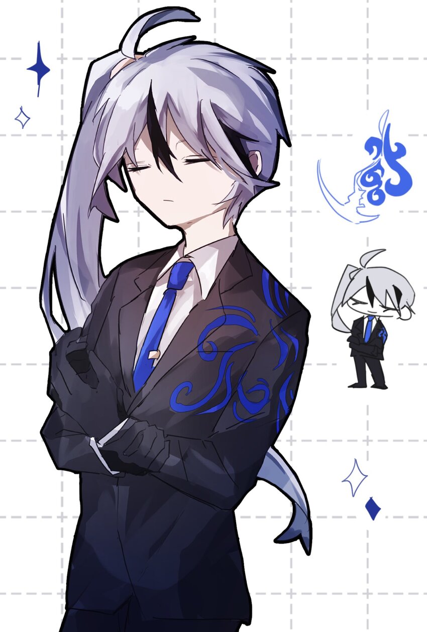 1boy, ahoge, alternate_universe, black_gloves, black_jacket, blue_necktie, closed_eyes, collared_shirt