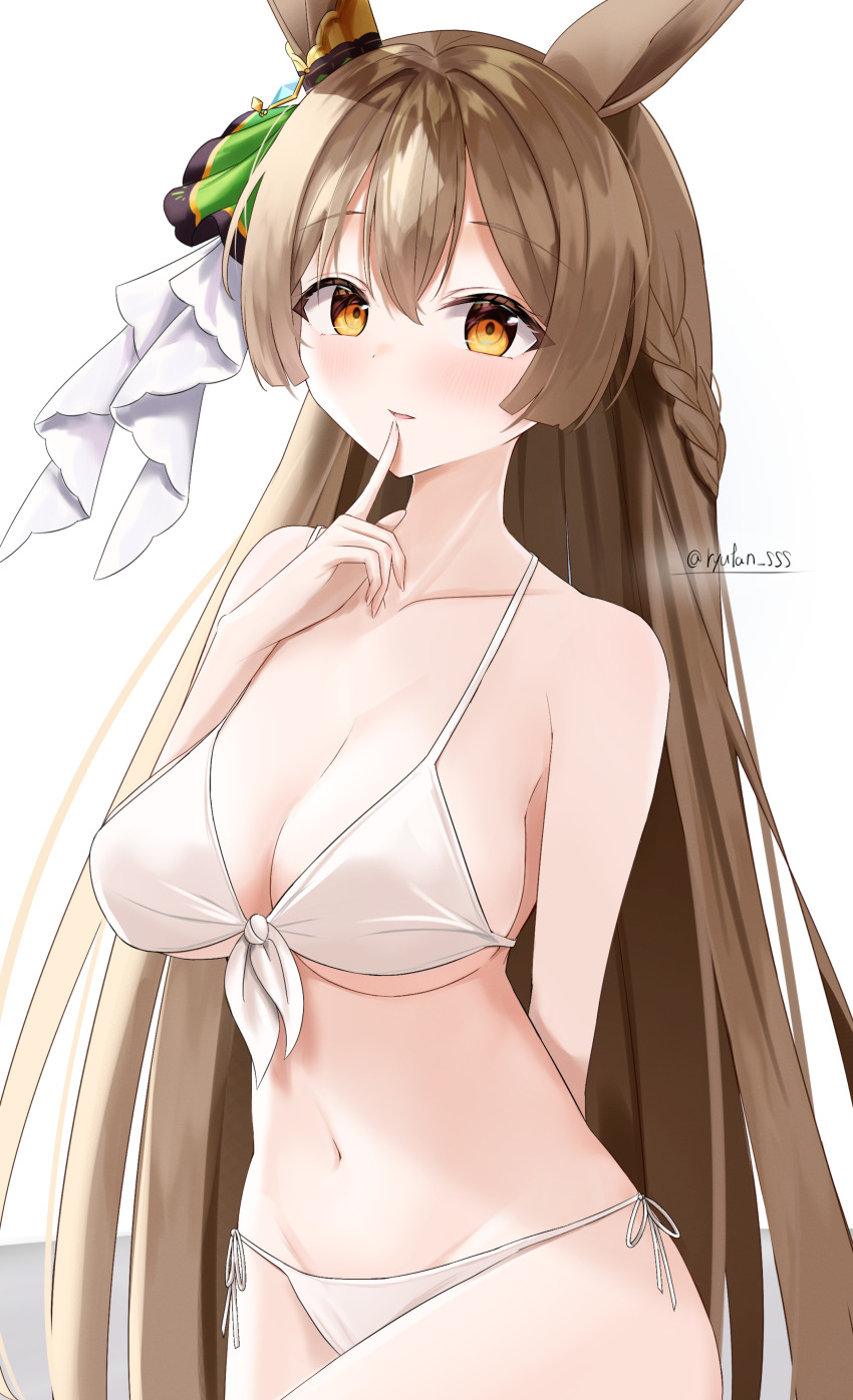 1girl, absurdres, alternate_costume, animal_ears, arm_behind_back, bikini, blush, braid, breasts, brown_hair, cleavage, collarbone, commentary_request, cowboy_shot, ear_ornament, finger_to_mouth, front-tie_bikini_top, front-tie_top, hair_between_eyes, half_up_braid, highres, horse_ears, horse_girl, large_breasts, long_hair, lryutanl, multicolored_hair, satono_diamond_(umamusume), side-tie_bikini_bottom, simple_background, solo, streaked_hair, swimsuit, umamusume, very_long_hair, white_background, white_bikini, white_hair, yellow_eyes