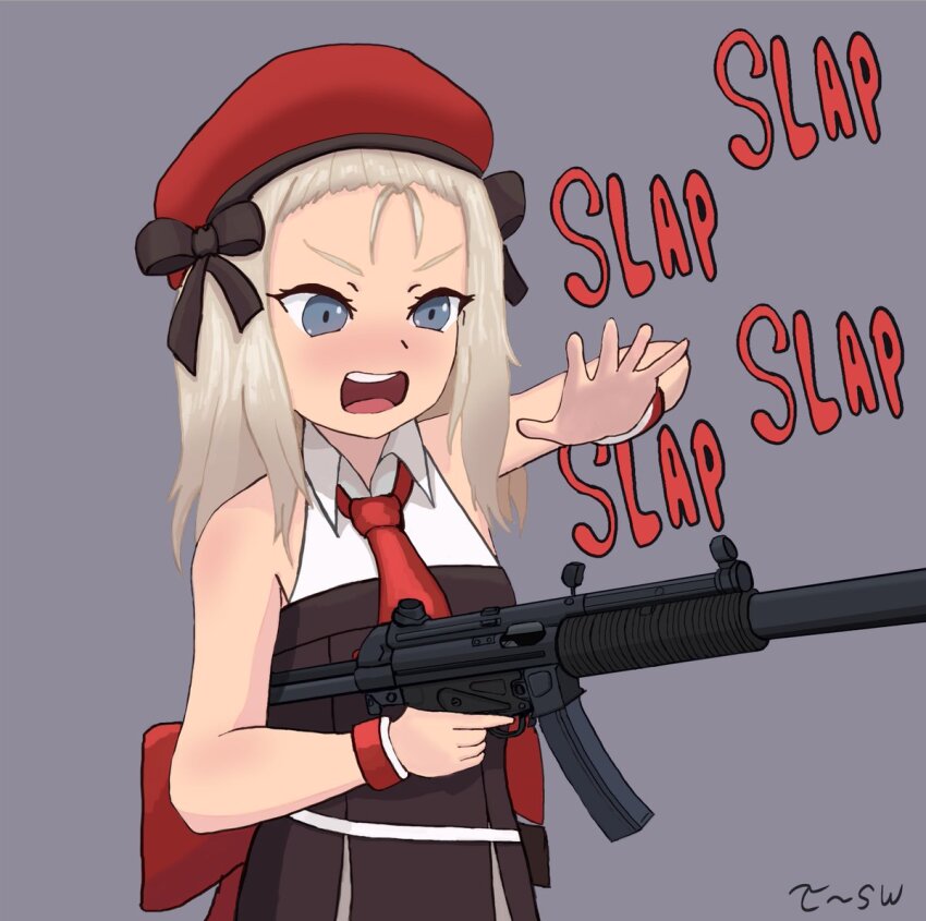 1girl, beret, blonde_hair, blue_eyes, blush, dress, girls'_frontline, gloves, gun, h&amp;k_mp5, h&amp;k_mp5sd, hat, holding, holding_gun, holding_weapon, integral_suppressor, integrally-suppressed_firearm, long_hair, meme, mp5_(girls'_frontline), necktie, open_mouth, plap_plap_plap_get_pregnant_(meme), red_hat, ribbon, solo, submachine_gun, suppressor, tagme, the_superweirdo, weapon, white_hair