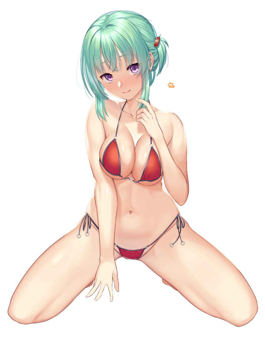 1girl, absurdres, bare_arms, between_legs, bikini, blush, breasts, breasts_squeezed_together