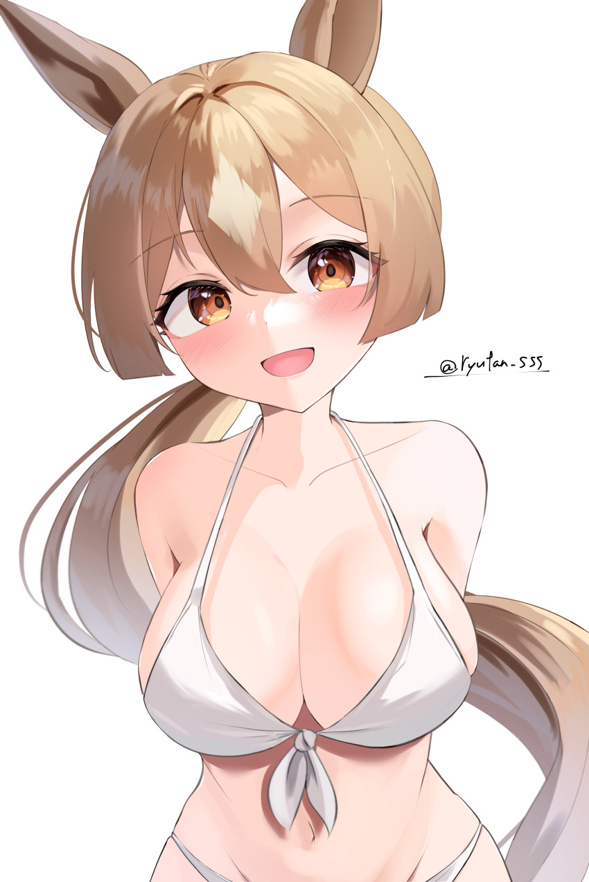 1girl, absurdres, alternate_costume, animal_ears, arm_behind_back, bikini, blush, breasts