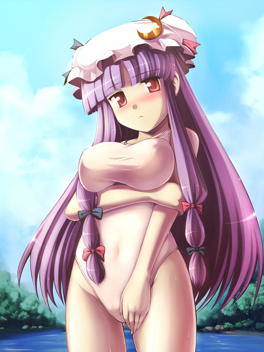 1girl, :<, blush, breast_hold, breasts, crescent, crescent_moon, crossed_arms, female_focus, hat, highres, long_hair, moon, one-piece_swimsuit, patchouli_knowledge, purple_eyes, purple_hair, solo, swimsuit, tdk, touhou, water
