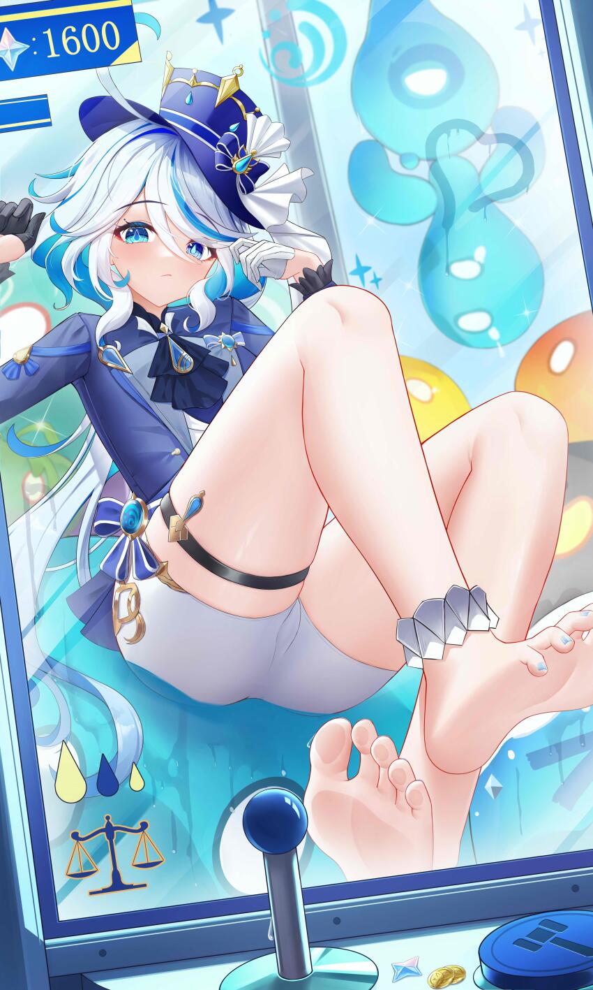 1girl, absurdres, ascot, asymmetrical_gloves, barefoot, black_ascot, black_gloves, blue_eyes, blue_hair, blue_hat, blue_jacket, breasts, coin, fang, feet, foot_focus, foreshortening, furina_(genshin_impact), genshin_impact, gloves, hair_between_eyes, hat, heterochromia, highres, hydro_eidolon_(genshin_impact), hydro_slime_(genshin_impact), hydro_symbol_(genshin_impact), jacket, jndfh, light_blue_hair, long_hair, long_sleeves, mora_(genshin_impact), multicolored_hair, open_mouth, primogem, shorts, skin_fang, slime_(genshin_impact), small_breasts, soles, solo, toes, top_hat, white_gloves, white_hair, white_shorts