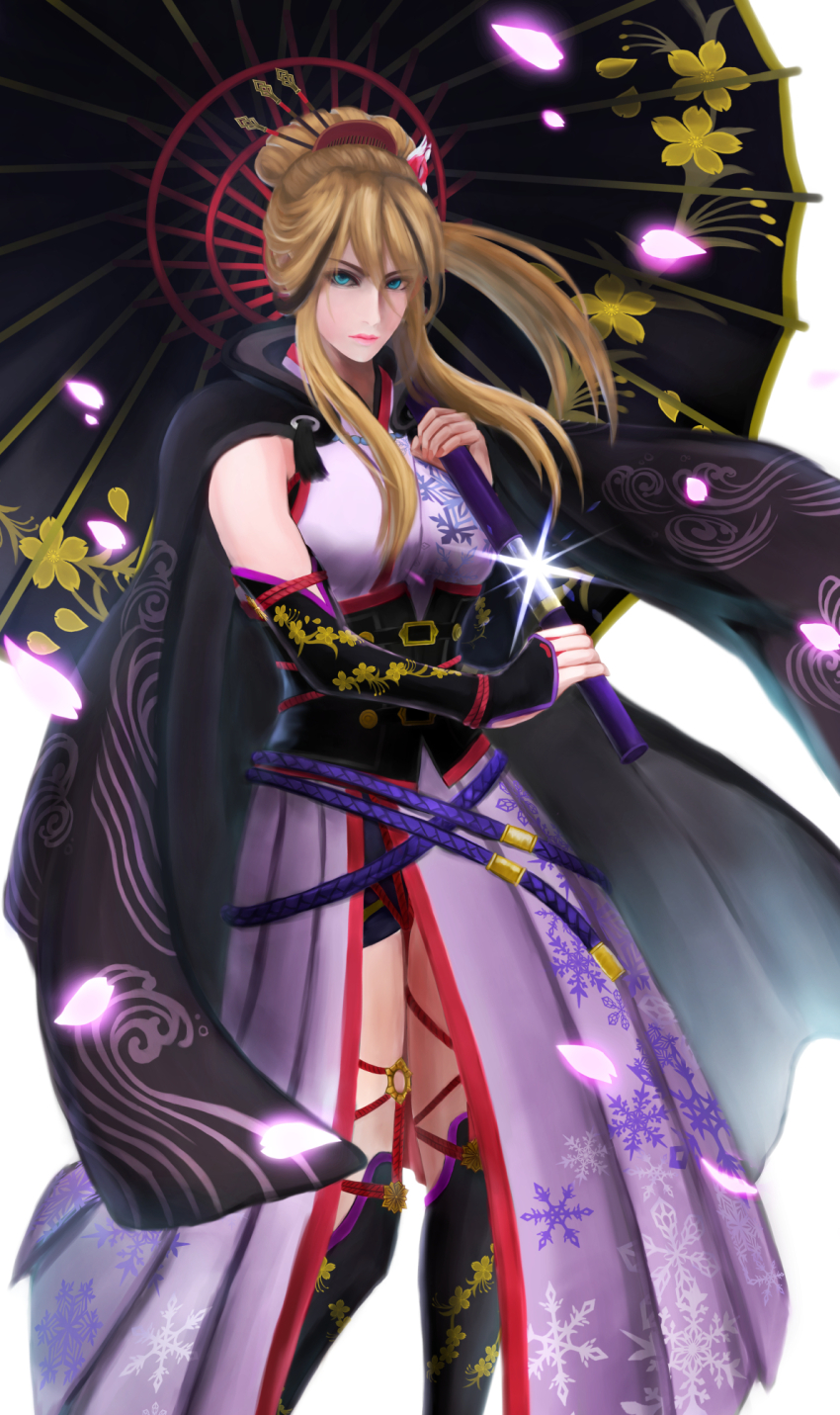 1girl, akito1218, arm_guards, bare_shoulders, black_cape, blonde_hair, blue_eyes, cape