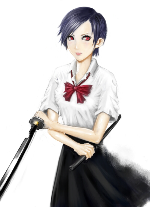 00s, black_hair, blood+, bow, katana, otonashi_saya, red_eyes, scabbard, school_uniform, sheath, short_hair, skirt, solo, sword, weapon, xyl