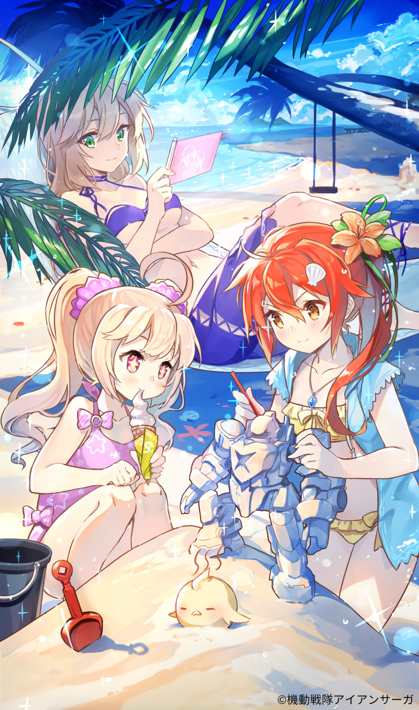 3girls, ahoge, airu_(iron_saga), beach, bikini, bird, blonde_hair, bucket