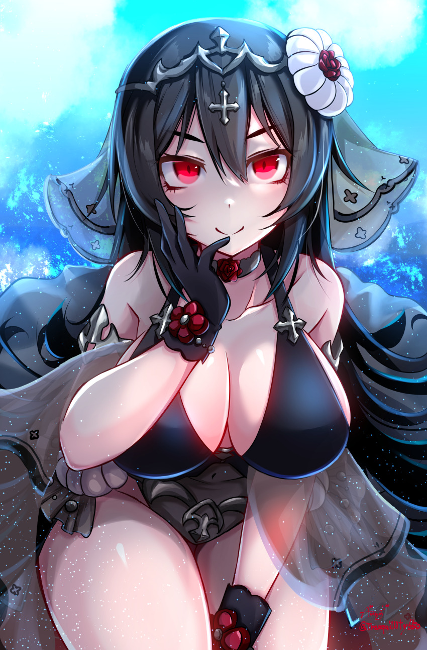 1girl, absurdres, baileys_(tranquillity650), bare_shoulders, black_gloves, black_hair, breasts, bridal_veil