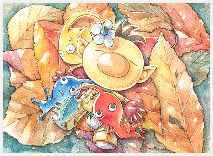 >_<, 1boy, alien, autumn_leaves, large_nose, black_eyes, blue_pikmin, blue_skin