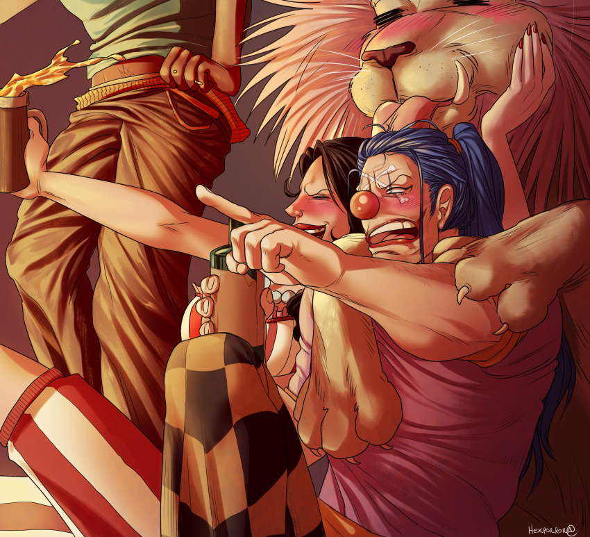 1boy, 1girl, absurdres, alcohol, alvida_(one_piece), animal, artist_name, bead_necklace