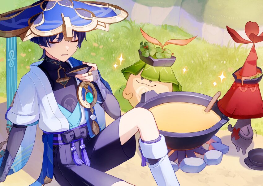 1boy, aranara_(genshin_impact), armor, blue_hair, bowl, closed_eyes, day, food