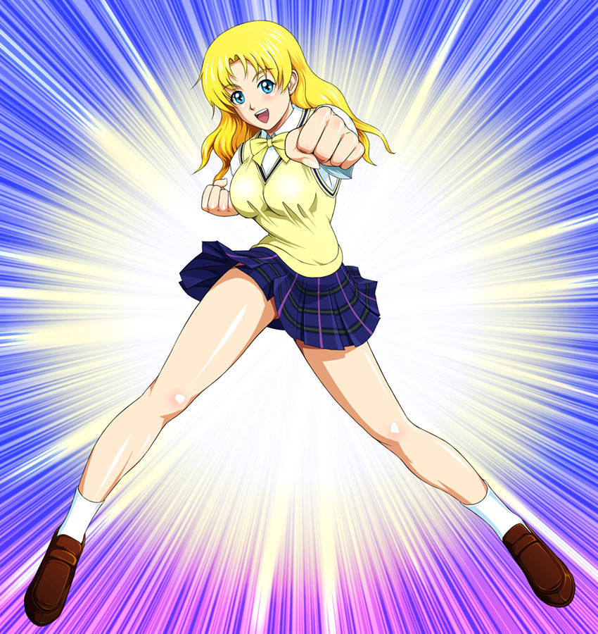 1girl, blonde_hair, blue_eyes, breasts, elisa_dolittle_naruse, female_focus, full_body, gradient_background, large_breasts, legs, long_hair, plaid_clothes, plaid_skirt, pleated_skirt, punching, school_uniform, shopyun, skirt, smile, solo, sweater_vest, tokimeki_memorial, tokimeki_memorial_4