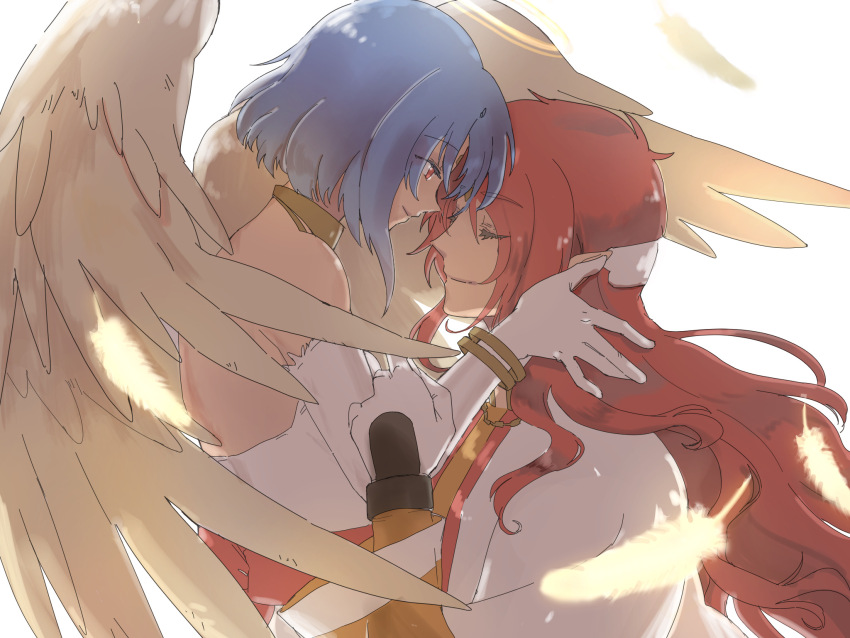 1boy, 1girl, angel_wings, blue_hair, closed_mouth, dress, elbow_gloves, father_and_child