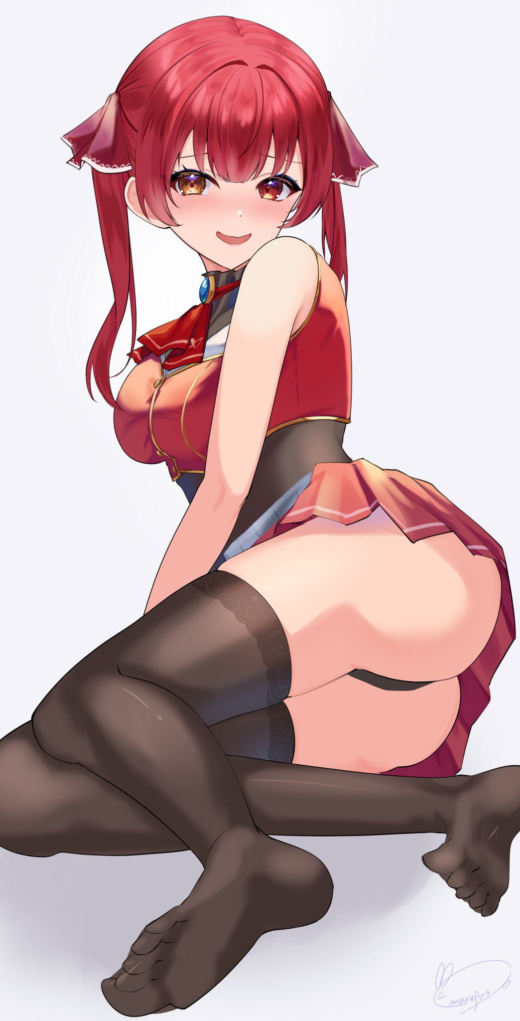 1girl, ass, black_thighhighs, feet, foot_focus, heterochromia, highres, hololive, hololive_fantasy, houshou_marine, looking_at_viewer, marufus, open_mouth, red_eyes, red_hair, smile, soles, solo, thighhighs, twintails, virtual_youtuber, yellow_eyes