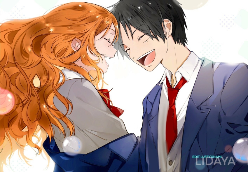 1boy, 1girl, alternate_costume, artist_name, black_hair, blue_coat, bubble, character_name, closed_eyes, coat, commentary, crossover, english_commentary, face-to-face, facial_scar, hori-san_to_miyamura-kun, lidaya, long_hair, monkey_d._luffy, nami_(one_piece), necktie, one_piece, open_mouth, orange_hair, red_necktie, scar, scar_on_cheek, scar_on_face, school_uniform, shirt, short_hair, smile, teeth, third-party_edit, white_shirt