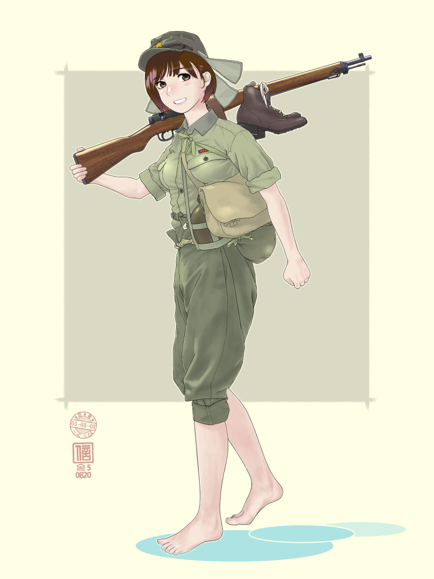 1girl, absurdres, arisaka, bag, barefoot, bob_cut, bolt_action, boots, brown_background, brown_eyes, brown_hair, carrying_over_shoulder, commission, dated, grin, gun, hat_flaps, highres, hip_flask, imperial_japanese_army, looking_at_viewer, military_uniform, original, rifle, shoulder_bag, sino_(mechanized_gallery), sleeves_rolled_up, smile, soldier, solo, square, unworn_boots, visor_cap, walking, weapon, world_war_ii