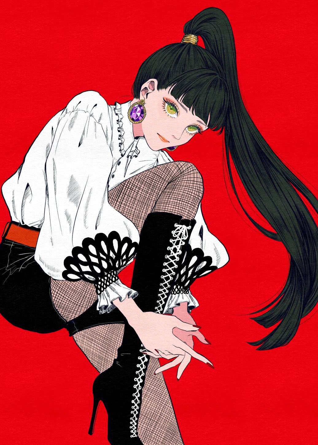 1girl, ayanee, black_boots, black_hair, black_nails, black_shorts, boots, closed_mouth, earrings, expressionless, eyelashes, fishnet_pantyhose, fishnets, full_body, green_eyes, high_heel_boots, high_heels, highres, jewelry, long_hair, looking_at_viewer, nail_polish, original, pantyhose, ponytail, red_background, red_soles, shirt, shorts, simple_background, solo, stiletto_boots, stiletto_heels, white_shirt
