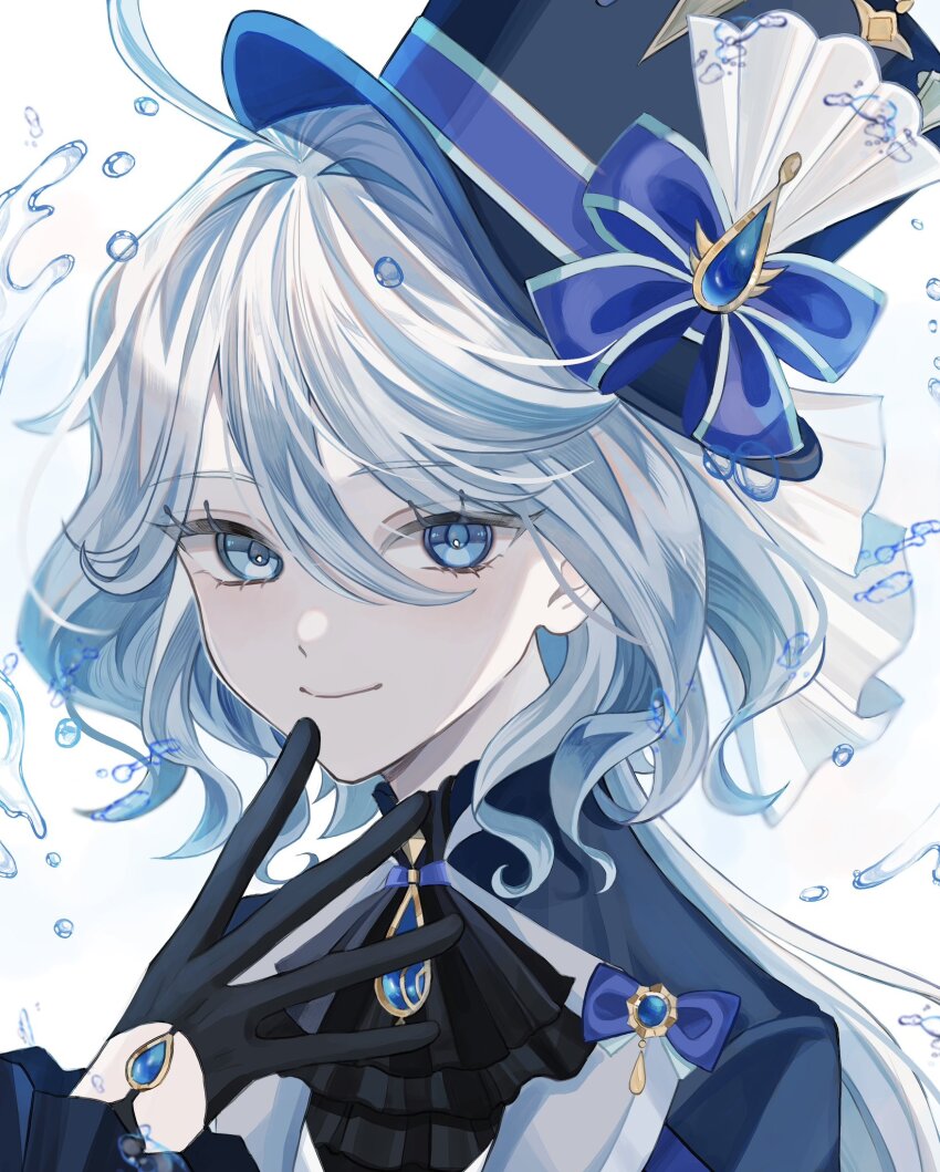 1girl, ahoge, air_bubble, ascot, black_ascot, black_gloves, blue_eyes, blue_hair, blue_hat, blue_jacket, brooch, bubble, closed_mouth, furina_(genshin_impact), genshin_impact, gloves, hair_between_eyes, hat, highres, jacket, jewelry, light_blue_hair, long_hair, looking_at_viewer, smile, solo, sosaku_25, top_hat, upper_body, water