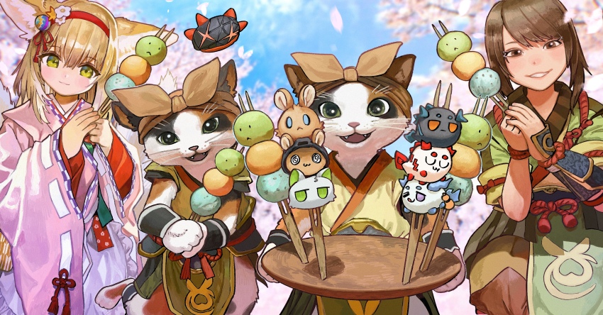 2girls, absurdres, amiya_(arknights), animal_ear_fluff, animal_ears, arknights, blonde_hair, brown_eyes, brown_hair, character-themed_food, closed_mouth, commentary_request, crossover, dango, doctor_(arknights), dragon_bean_(arknights), dusk_(arknights), fangs, felyne, flower, food, fox_ears, fox_girl, furry, gender_request, green_eyes, grin, hair_flower, hair_ornament, hairband, hands_up, highres, holding, holding_food, holding_plate, japanese_clothes, kal'tsit_(arknights), kimono, ling_(arknights), long_hair, long_sleeves, looking_at_viewer, mare_toe_like_a, monster_hunter_(series), monster_hunter_rise, multiple_girls, nian_(arknights), official_alternate_costume, open_mouth, originium_slug_(arknights), pink_kimono, plate, red_hairband, smile, suzuran_(arknights), suzuran_(yukibare)_(arknights), wagashi, wide_sleeves, yomogi_(monster_hunter)