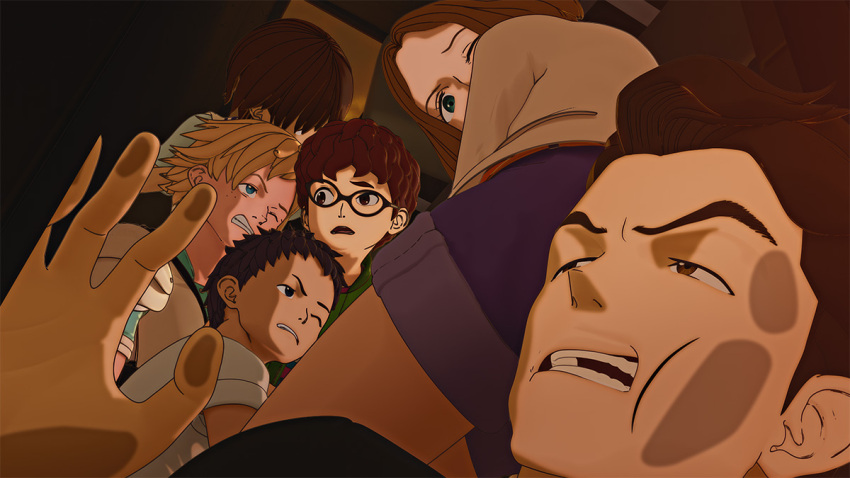 2girls, 4boys, against_fourth_wall, blonde_hair, blue_eyes, brown_eyes, brown_hair, douglas_ken_osborn