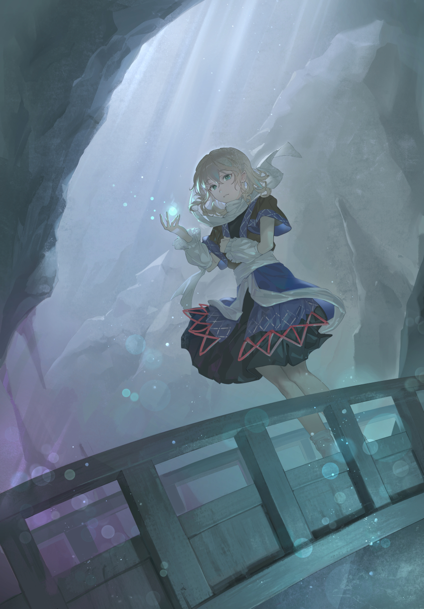 1girl, absurdres, arm_warmers, black_dress, blonde_hair, blurry, bokeh, bridge, brown_shirt, cave_interior, commentary, depth_of_field, dress, dutch_angle, expressionless, full_body, green_eyes, hair_between_eyes, highres, light_particles, looking_at_viewer, mizuhashi_parsee, nougat_swamp, parted_lips, pointy_ears, railing, rock, sash, scarf, shirt, short_hair, short_sleeves, socks, solo, stalactite, stalagmite, sunlight, touhou, white_sash, white_scarf, white_socks