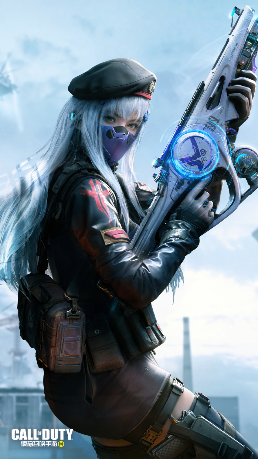 1girl, artist_request, beret, blunt_bangs, call_of_duty, call_of_duty:_mobile, chinese_commentary, commentary, commentary_request, copyright_name, cosplay, facial_mark, girls'_frontline, gloves, green_eyes, grey_hair, gun, hair_ornament, handgun, hat, highres, hk416_(girls'_frontline), hk416_(girls'_frontline)_(cosplay), holding, holstered, jacket, kestrel_(call_of_duty:_mobile), logo, long_hair, long_sleeves, looking_at_viewer, mask, official_art, promotional_art, realistic, solo, teardrop, thighhighs, very_long_hair, weapon