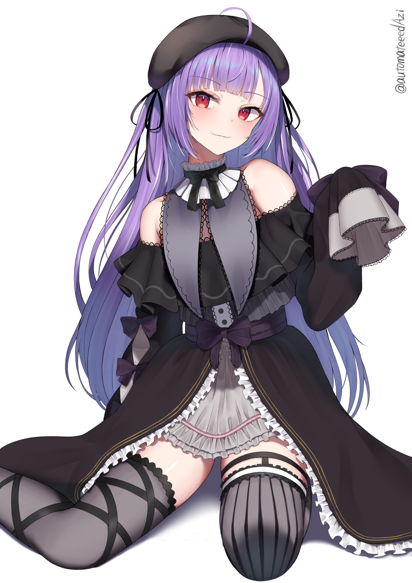 1girl, absurdres, ahoge, asymmetrical_legwear, beret, black_bow, black_bowtie, black_dress