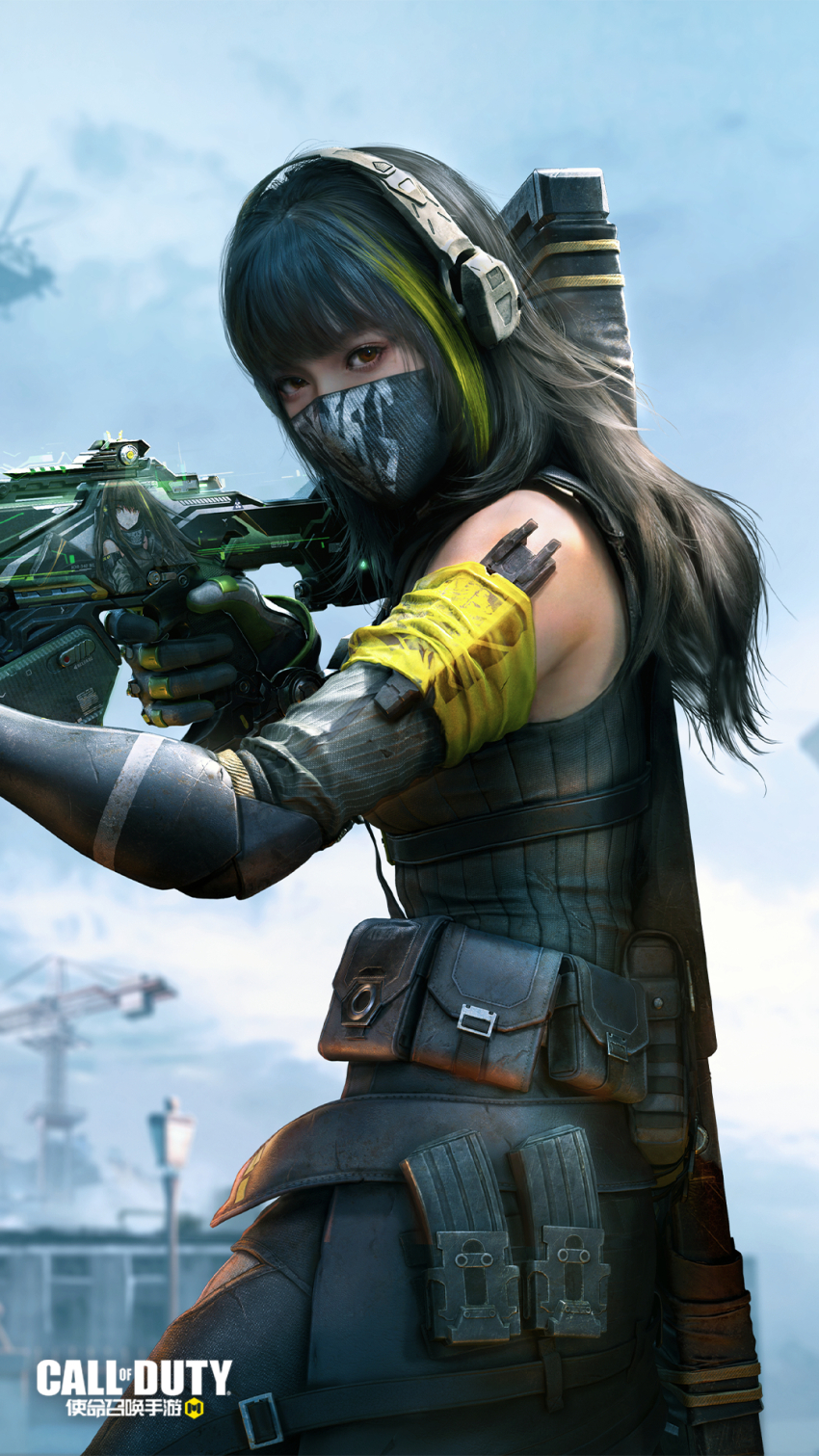 1girl, artist_request, assault_rifle, bandana, blunt_bangs, brown_eyes, brown_hair, call_of_duty, call_of_duty:_mobile, chinese_commentary, commentary, commentary_request, copyright_name, cosplay, dusk_(call_of_duty:_mobile), girls'_frontline, gloves, green_hair, gun, highres, holding, holding_gun, holding_weapon, jacket, logo, long_hair, looking_at_viewer, m4a1_(girls'_frontline), m4a1_(girls'_frontline)_(cosplay), m4a1_(mod3)_(girls'_frontline), mask, multicolored_hair, official_art, particle_cannon_case, print_bandana, promotional_art, realistic, rifle, skull_print, solo, streaked_hair, weapon
