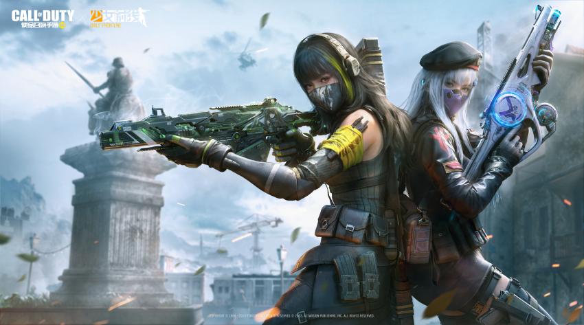 2girls, absurdres, artist_request, bandana, blunt_bangs, brown_eyes, brown_hair, call_of_duty, call_of_duty:_mobile, chinese_commentary, commentary_request, copyright_name, cosplay, dusk_(call_of_duty:_mobile), facial_mark, girls'_frontline, gloves, green_eyes, green_hair, grey_hair, gun, hair_ornament, hat, highres, hk416_(girls'_frontline), hk416_(girls'_frontline)_(cosplay), holding, holding_gun, holding_weapon, jacket, kestrel_(call_of_duty:_mobile), logo, long_hair, long_sleeves, looking_at_viewer, m4a1_(girls'_frontline), m4a1_(girls'_frontline)_(cosplay), m4a1_(mod3)_(girls'_frontline), mask, multicolored_hair, multiple_girls, official_art, particle_cannon_case, print_bandana, promotional_art, realistic, skull_print, streaked_hair, weapon