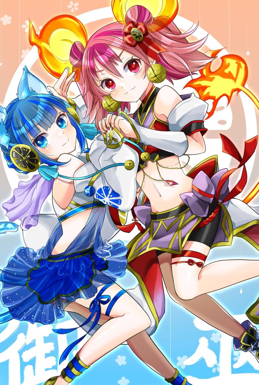 2girls, animal_ears, bare_shoulders, blue_eyes, blue_hair, blush, breasts, cat_ears, crop_top, detached_sleeves, duel_monster, feet_out_of_frame, full_body, ha-re_the_sword_mikanko, hand_up, highres, holding_hands, jingle_bell_earrings, long_sleeves, looking_at_viewer, medium_breasts, midriff, mouse_ears, multicolored_hair, multiple_girls, nail_polish, navel, ni-ni_the_mirror_mikanko, red_eyes, red_hair, short_hair, skirt, tail, thigh_strap, twintails, ukyou_kuro, yu-gi-oh!