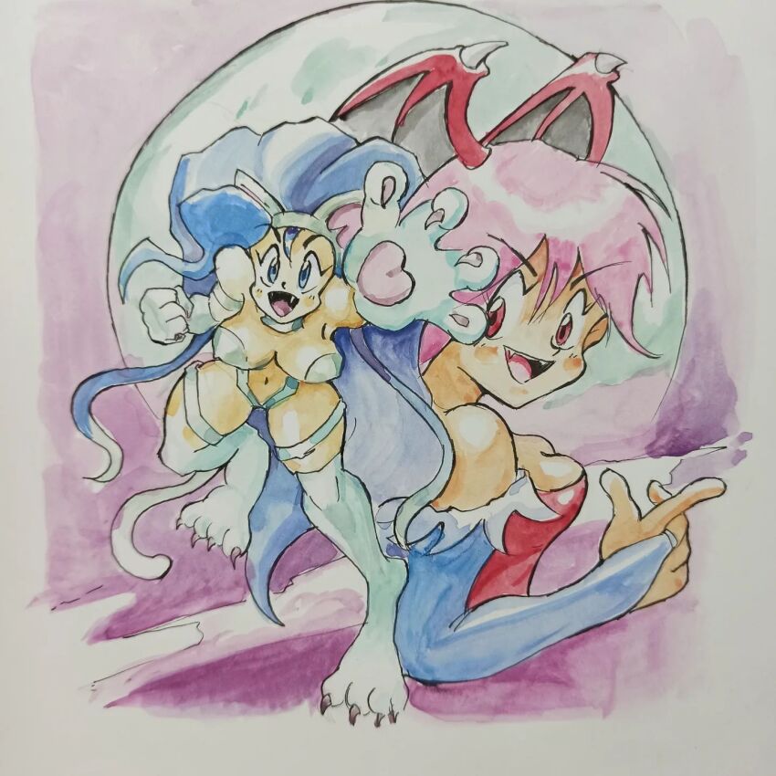 2girls, albertov, animal_ears, animal_hands, bare_shoulders, bat_wings, blue_hair, breasts