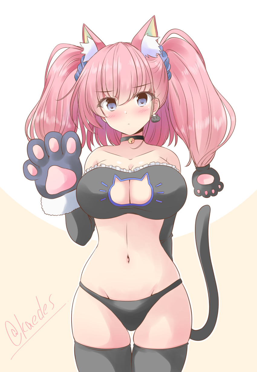 1girl, animal_ears, animal_hands, atlanta_(kancolle), black_bra, black_panties, blush, bra