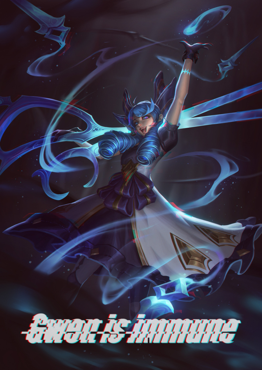 1girl, :d, absurdres, arm_tattoo, arm_up, black_gloves, black_hairband, blue_eyes