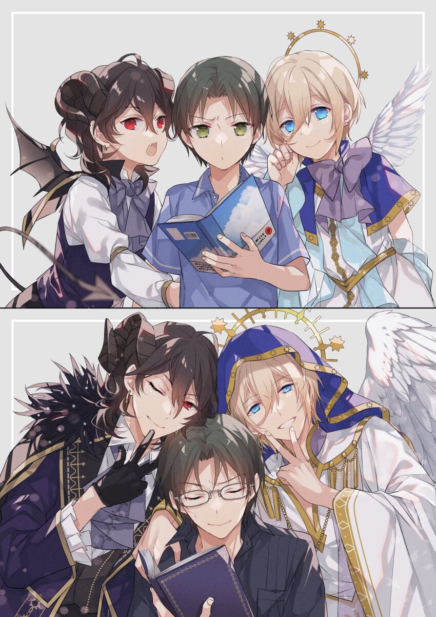 3boys, absurdres, aged_down, angel, angel_wings, angels_(ensemble_stars!), black_hair, blonde_hair, blue_eyes, child, demon_boy, demon_horns, demon_tail, demon_wings, devil's_mansion_(ensemble_stars!), ensemble_stars!, glasses, green_eyes, green_hair, halo, hasumi_keito, highres, horns, huyucotton, looking_at_viewer, male_focus, multiple_boys, official_alternate_costume, red_eyes, sakuma_rei_(ensemble_stars!), short_hair, tail, tenshouin_eichi, wings
