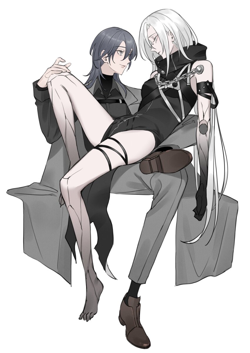 2girls, absurdres, barefoot, black_hair, black_shirt, bridge_piercing, chest_harness, chief_(path_to_nowhere)