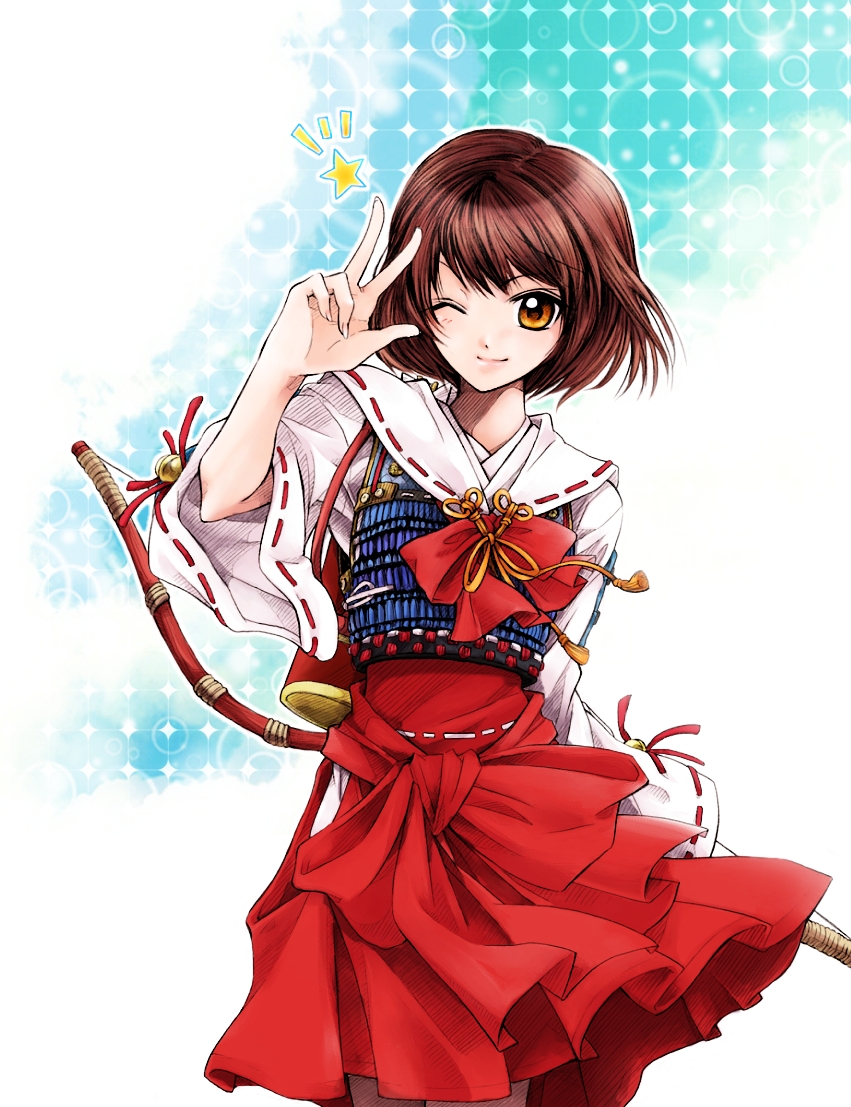 1girl, bob_cut, bow, bow_(weapon), brown_eyes, brown_hair, female_focus, japanese_clothes, kaze_tsuyu_tsuchi_ryuu, one_eye_closed, sash, sengoku_basara, short_hair, smile, solo, tsuruhime_(sengoku_basara), v, weapon, wink