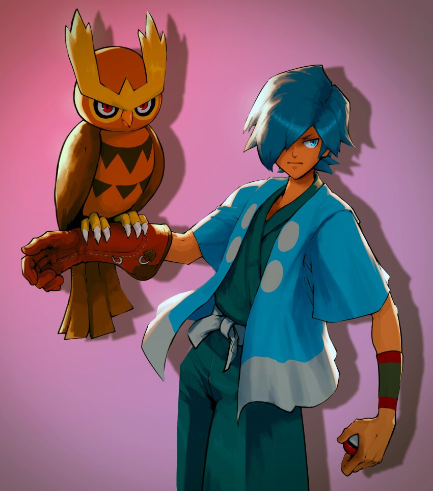 1boy, absurdres, blue_eyes, blue_hair, blue_jacket, blue_kimono, falkner_(pokemon), gen_2_pokemon