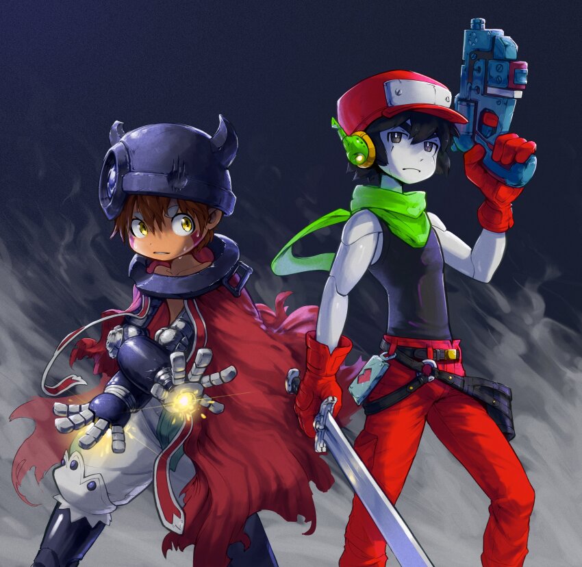 2boys, absurdres, android, bag, bare_shoulders, baseball_cap, black_eyes, black_hair, brown_hair, cape, dark_skin, doukutsu_monogatari, facial_mark, gun, hat, helmet, highres, holding, holding_sword, holding_weapon, jak_(jaksinart), made_in_abyss, mechanical_arms, multiple_boys, navel, pants, quote_(cave_story), reg_(made_in_abyss), robot_ears, sweat, sword, tank_top, trait_connection, weapon, yellow_eyes
