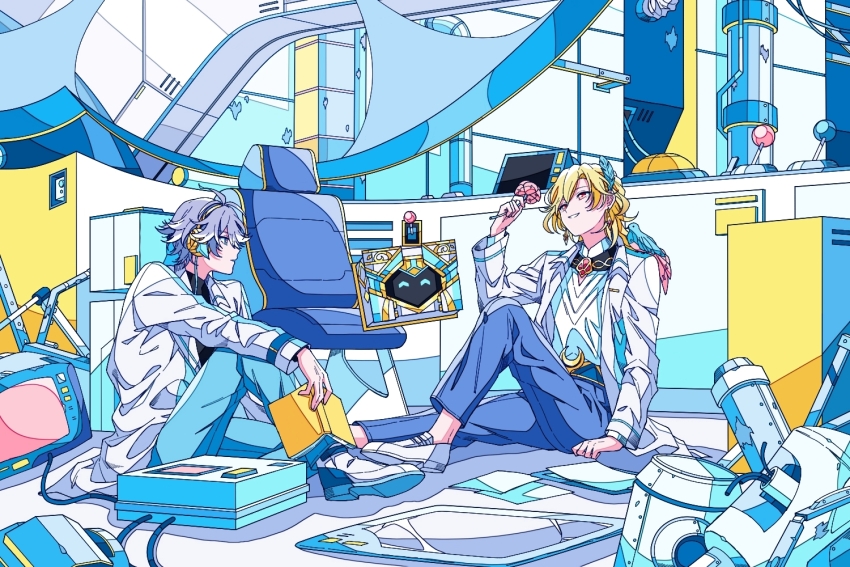 2boys, ^_^, alhaitham_(genshin_impact), animal, animal_on_shoulder, antenna_hair, bird, bird_on_shoulder