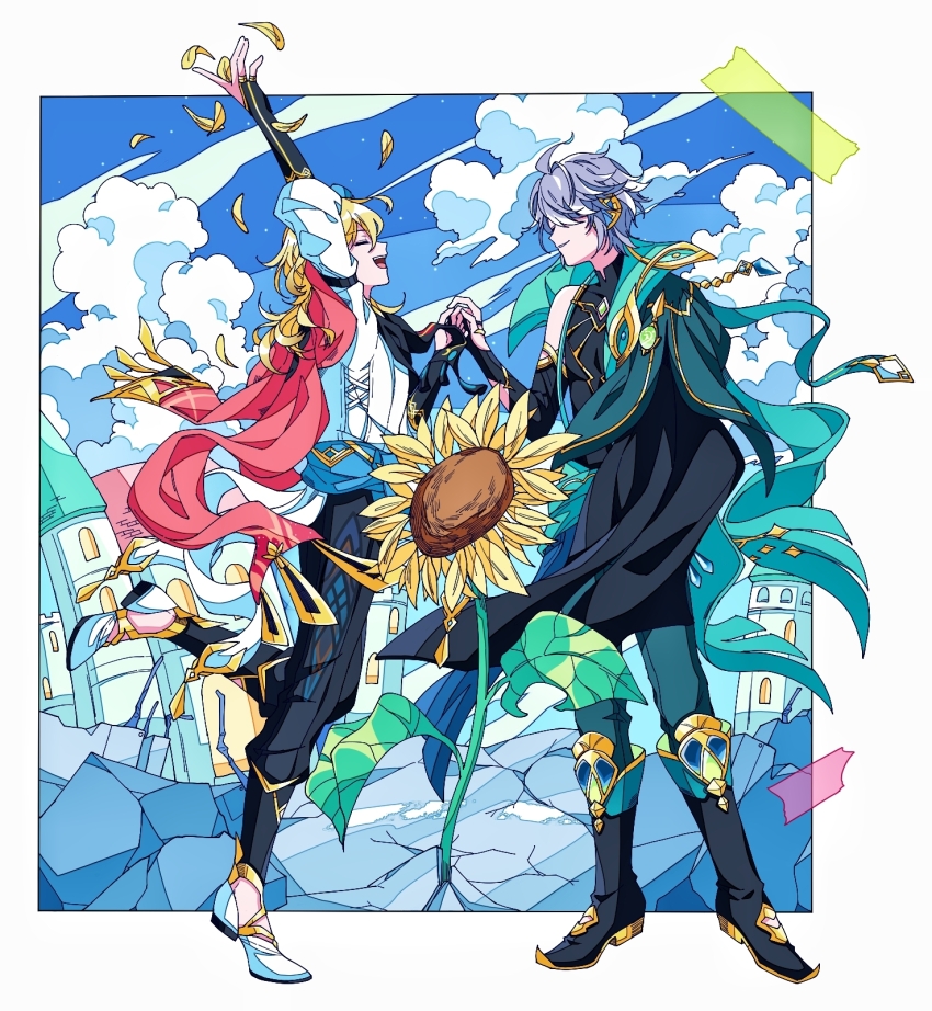 2boys, :d, ^_^, ahoge, alhaitham_(genshin_impact), arm_up, black_footwear, black_gloves