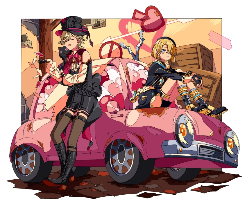2boys, :d, arrow_(symbol), bare_shoulders, beret, black_corset, black_footwear, black_gloves, black_headwear, black_jacket, black_shorts, black_thighhighs, blonde_hair, blue_eyes, blunt_bangs, boots, border, bow, bowtie, box, brothers, buttons, capelet, car, card, center_frills, chinese_commentary, closed_eyes, commentary_request, corset, detached_sleeves, facial_mark, fingerless_gloves, freckles, freminet_(genshin_impact), frills, garter_straps, genshin_impact, gloves, gold_trim, hair_over_one_eye, hand_up, hat, heart, highres, jacket, knees_up, lace-up_boots, long_sleeves, looking_at_viewer, lyney_(genshin_impact), male_focus, motor_vehicle, multiple_boys, non-humanoid_robot, on_car, open_mouth, outside_border, paper, parted_bangs, parted_lips, playing_card, red_bow, red_bowtie, road_sign, robot, robot_animal, rust, secretmirage, shirt, short_hair, shorts, siblings, sign, sitting, sleeve_cuffs, sleeveless, sleeveless_shirt, smile, standing, swept_bangs, teardrop_facial_mark, thighhighs, top_hat, two-tone_gloves, white_border, white_gloves, white_shirt, white_sleeves, wooden_box