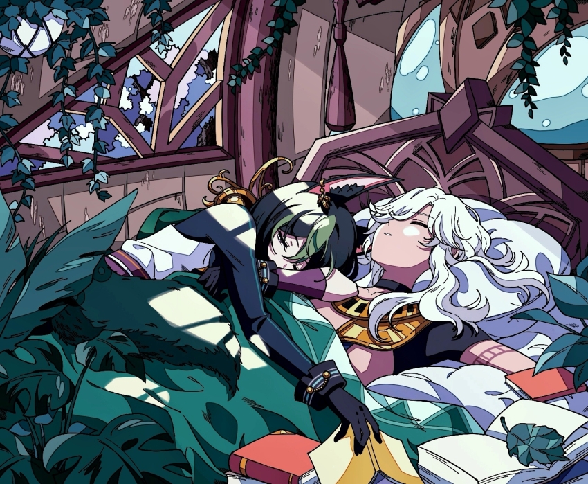 2boys, ancient_egyptian_clothes, animal_ear_fluff, animal_ears, asymmetrical_sleeves, bed, black_choker, black_gloves