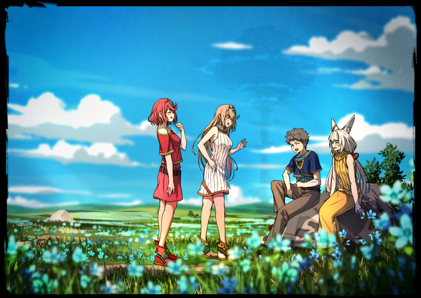 1boy, 3girls, absurdres, blue_sky, blurry, blurry_foreground, chest_jewel, field