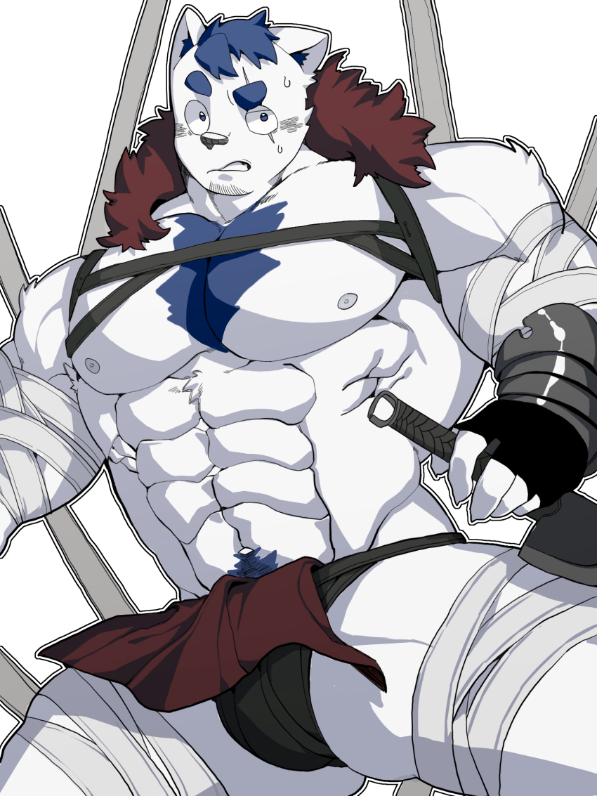1boy, abs, bandages, bara, bare_pectorals, black_loincloth, blue_doggo_(ttn), bound