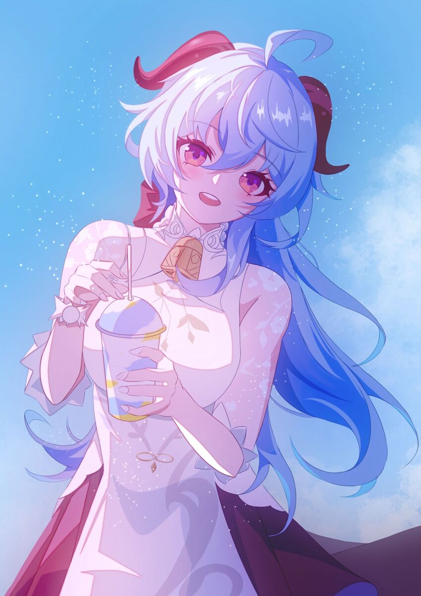 1girl, absurdres, bare_shoulders, bell, blue_hair, euzh266, ganyu_(genshin_impact), ganyu_(heytea)_(genshin_impact)