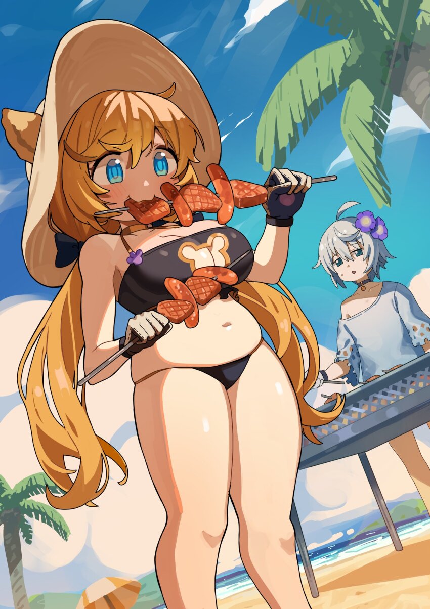 1girl, 1other, ahoge, beach, bikini, black_bikini, black_choker, blonde_hair